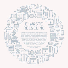 E-waste ready concept with old appliances and inscription. E-waste icons set. Line style vector illustration. There is place for your text