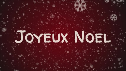 Animation Joyeux Noel - Merry Christmas in french, falling snow, red background, white letters - Powered by Adobe