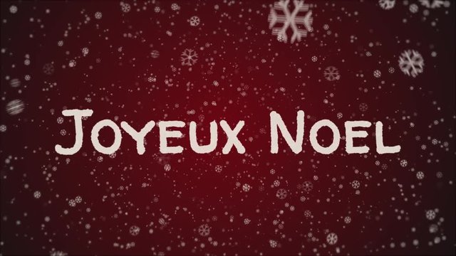 Animation Joyeux Noel - Merry Christmas in french, falling snow, red background, white letters