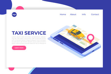 Online mobile taxi app isometric concept. GPS route point and Yellow cab.