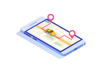 Online mobile taxi app isometric concept. GPS route point and Yellow cab.