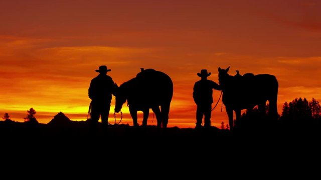 Silhouette of Cowboy Rider at sunset Wild West area Canada