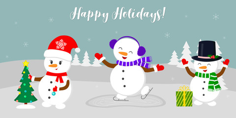 New Year and Christmas card. Three cute snowmen, skating, dressing up the Christmas tree and enjoying the present, in the winter against the background of snowflakes. Cartoon style, vector