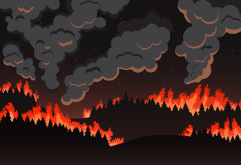 Forest fire panorama of the natural landscape, night silhouette