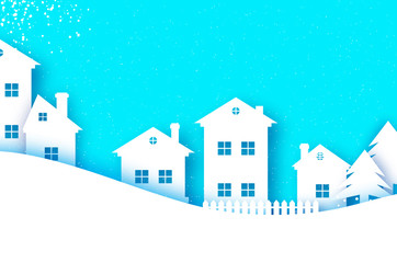 Naklejka premium Merry Christmas and Happy New Year Greetings card. Origami Winter Snow Landscape Village with blue sky. City Urban Countryside with forest in paper cut style. Holidays