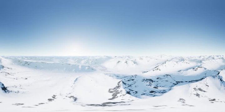 vr 360 aerial camera moving above antarctic landscape. ready for use in virtual reality