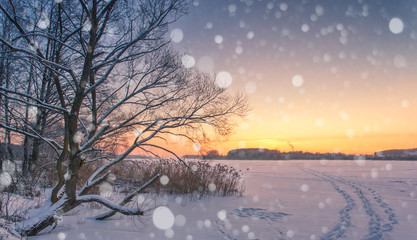 Christmas postcard of the winter landscape of a frozen lake covered with snow on a cold winter day