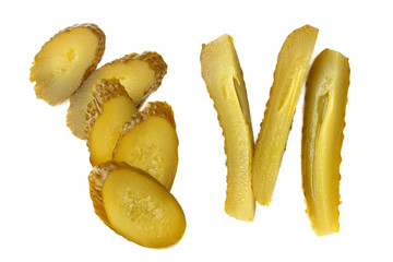 sliced marinated pickled cucumbers isolated on white background. top view