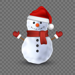 3d snowman on transparent background, vector illustration.
