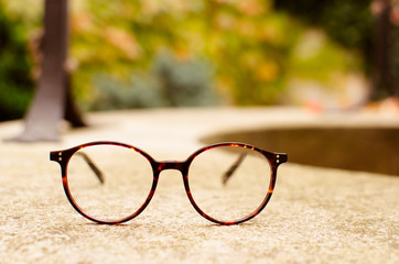 Fototapeta na wymiar Rounded eyeglasses on autumn background