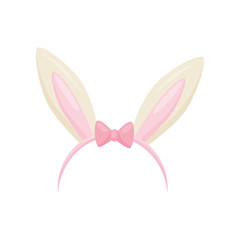 Flat vector icon of hair hoop with cute bunny ears and small pink bow. Head accessory. Attribute of costume
