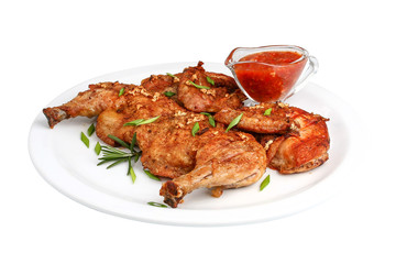 Grilled fried roast chicken with hot sausage