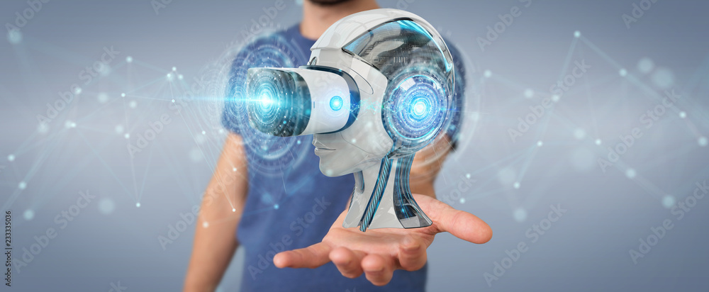 Poster businessman using virtual reality and artificial intelligence 3d rendering