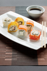Traditional japanese seafood, roll and chopstick are lying on a white plate. Soy souce.