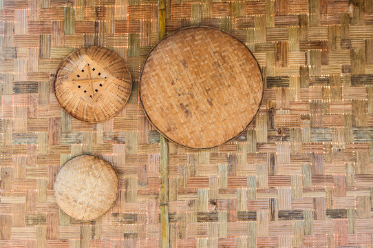 Woven bamboo Southeast Asian  ; Woven bamboo utensils of Thailand country