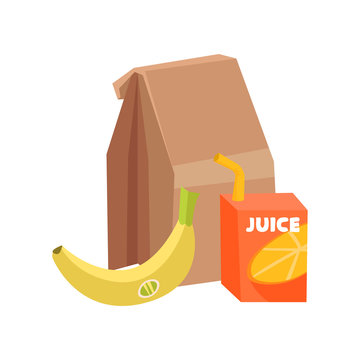 Flat Vector Composition Of School Lunch. Paper Bag, Ripe Banana And Box Of Juice With Drinking Straw. Healthy Eating