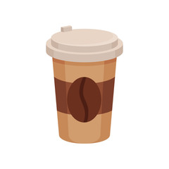 Flat vector icon of plastic cup with fresh coffee. Delicious hot drink. Tasty beverage