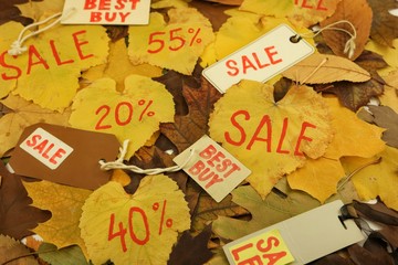 Traditional autumn sales, decorative background. Autumn dry leaves