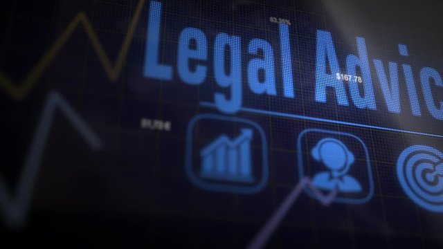 A Legal Advice business concept on a flashing computer monitor with moving graphs and data.