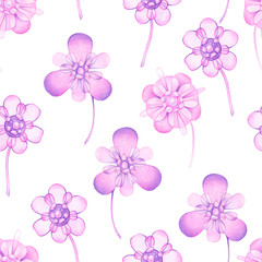 Seamless pattern with decorative flowers in violet pink tones on a white background. Children's illustration in cartoon style for textile, packaging design, printing