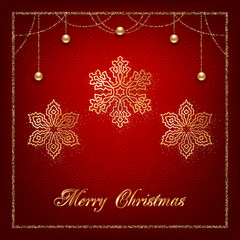 Illustration of christmas greeting card or invitation with decorative snowflakes, golden beads and confetti on red background