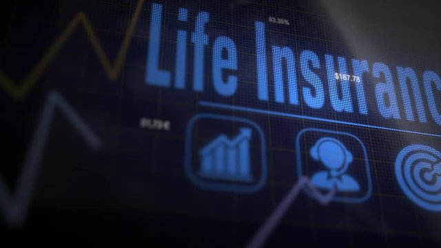 A Life Insurance business concept on a flashing computer monitor with moving graphs and data.