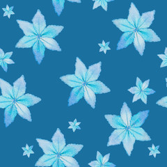 Watercolor pattern with blue flowers on a blue background. Botanical illustration in cartoon style for textiles, packaging design, printing.
