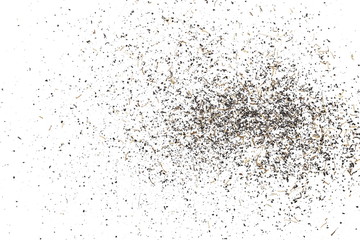 Scrap metal shavings, dust pile isolated on white background, texture, top view