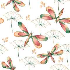 Watercolor pattern with decorative dragonflies, dill and berries on a white background. Illustration in cartoon style for textile, packaging design, printing.