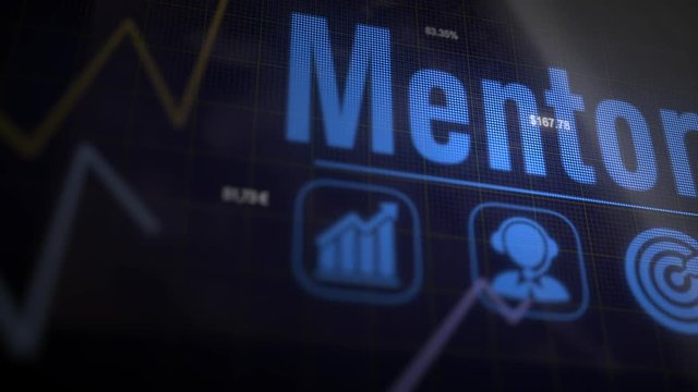 A Mentor business concept on a flashing computer monitor with moving graphs and data.