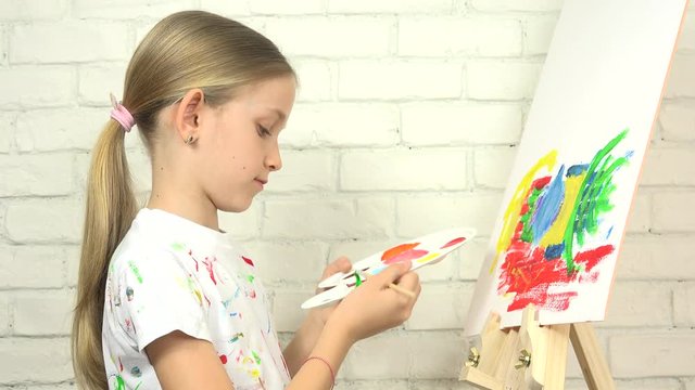 Child Painting Abstract, School Kid Workshop Girl Working in Art Craft Classroom