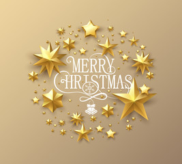 Merry Christmas card with golden shiny stars.