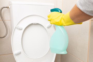 Person spraying toilet seat and reservoir.