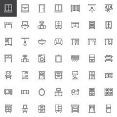 Household furniture outline icons set. linear style symbols collection, line signs pack. vector graphics. Set includes icons as Window, Door, Radiator, Table, Sink, Closet, Drawer, Fridge Lamp Sofa