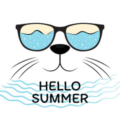 Cute cat head with black sunglasses isolated on white background.