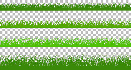 Large set of fresh green spring grass cartoon borders in lengths and densities for use as design elements isolated on transparent background. cartoon vector illustration