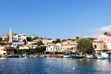Halki, Chalki - View of Emporio village on Aegean sea. Dodecanese Islands, Greece

