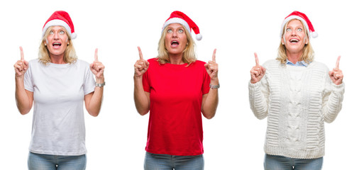Collage of beautiful middle age blonde woman wearing christmas hat over white isolated backgroud amazed and surprised looking up and pointing with fingers and raised arms.