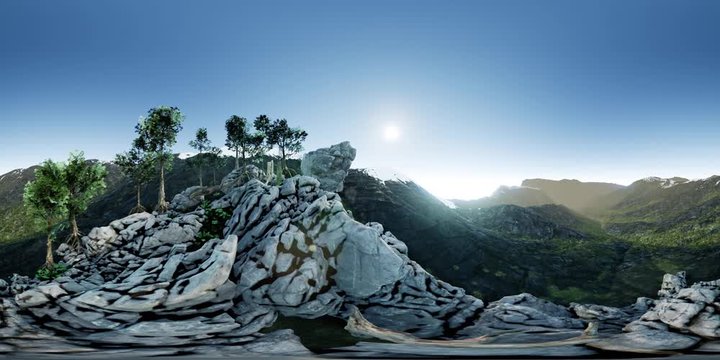 vr 360 aerial camera moving above rocks in mountains. ready for use in virtual reality
