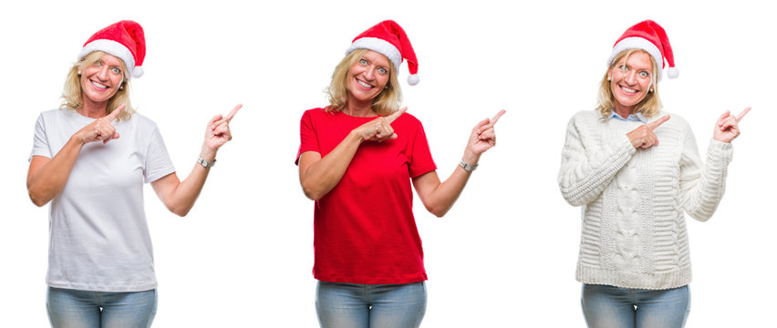 Collage of beautiful middle age blonde woman wearing christmas hat over white isolated backgroud smiling and looking at the camera pointing with two hands and fingers to the side.
