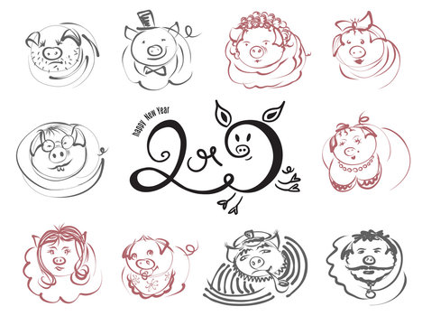Doodle pigs and boars character icons for Chinese New Year 2019. Vector sketch line illustration for cute funny holiday design