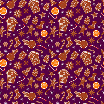 Merry Christmas and Happy New Year seamless pattern with gingerbread cookies, orange and sparkles isolated on lilac background. Vector illustration for winter holiday design in flat style
