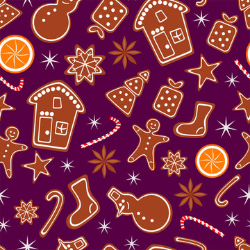 Merry Christmas and Happy New Year seamless pattern with gingerbread cookies, orange and sparkles isolated on dark lilac background. Vector illustration for winter holiday design in flat style