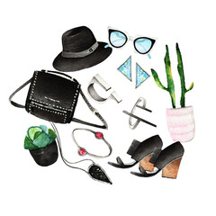 Watercolor Fashion Illustration. set of trendy accessories. Tokyo style.  hat, bag, sunglasses, bracelets, rings, earrings, pendant, shoes, cactus