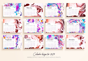 Calendar design for 2019. Set of 12 calendar pages vector design print template with mixture liquid acrylic painted. Marble effect painting. Fluid colors textures. Modern artwork. Trendy design.