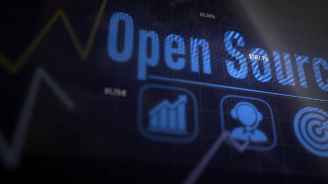 A Open Source business concept on a flashing computer monitor with moving graphs and data.