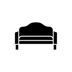 Black & white vector illustration of retro sofa. Flat icon of settee. Vintage home & office furniture. Isolated object