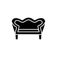 Black & white vector illustration of vintage loveseat. Double sofa. Flat icon of settee. Retro home & office furniture. Isolated object