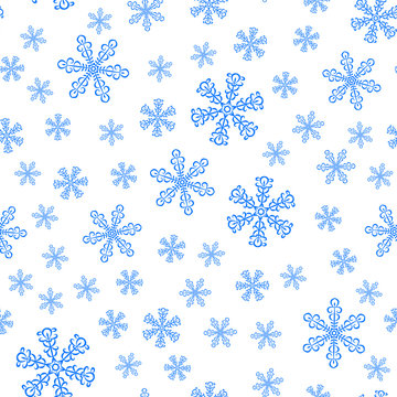 Winter seamless pattern with blue snowflakes on white background. Endless ornament for banner, greeting card, wrapping paper, packaging, invitation. Vector illustration
