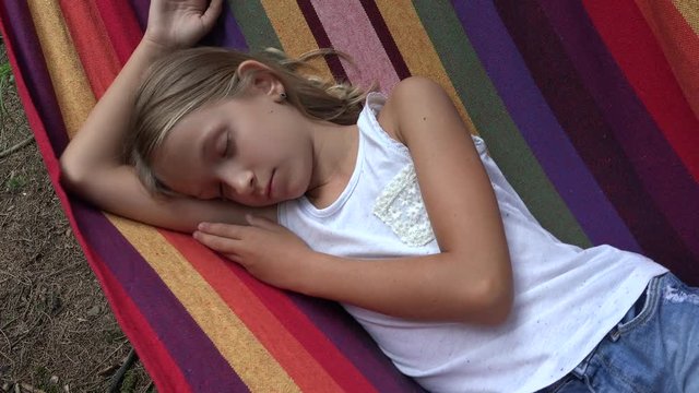 Child Sleeping in Hammock in Camping, Kid Relaxing in Forest, Girl in Mountains